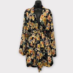 Ava & Viv Black & Yellow Floral Open Front Robe w/ Matching Waist Tie Size 4X